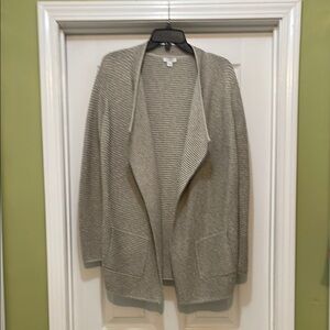 Pure Jill - open cardigan with two pockets - tan/gray with black woven thread -S